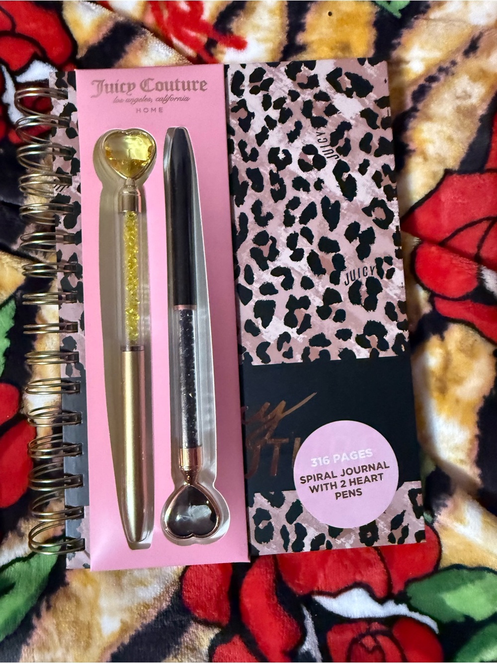Juicy Couture Pink Leopard Spiral Journal Set with Gold Heart Pens